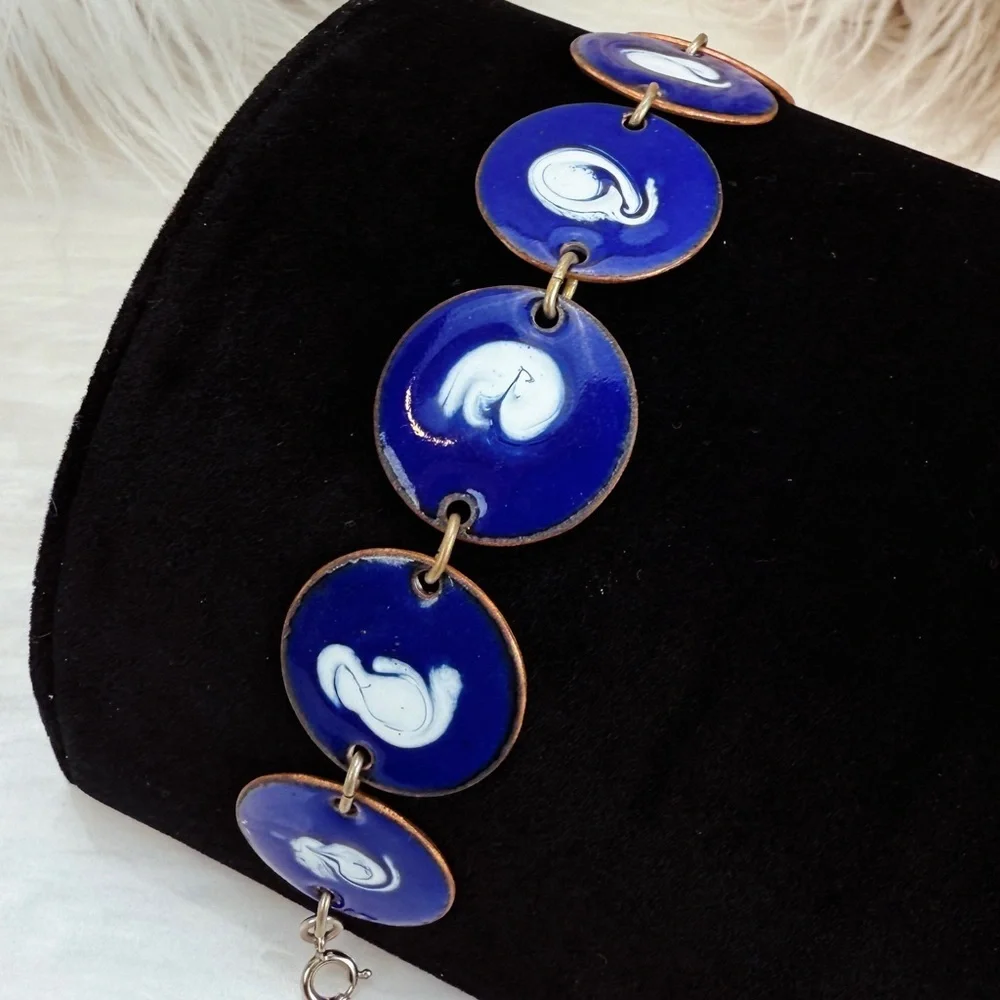 Vintage Cobalt Blue Abstract Disc Bracelet White Motif Articulated Statement